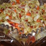 Antique bowl of Unprocessed Candied Jalapeno Coleslaw www.diningwithmimi.com