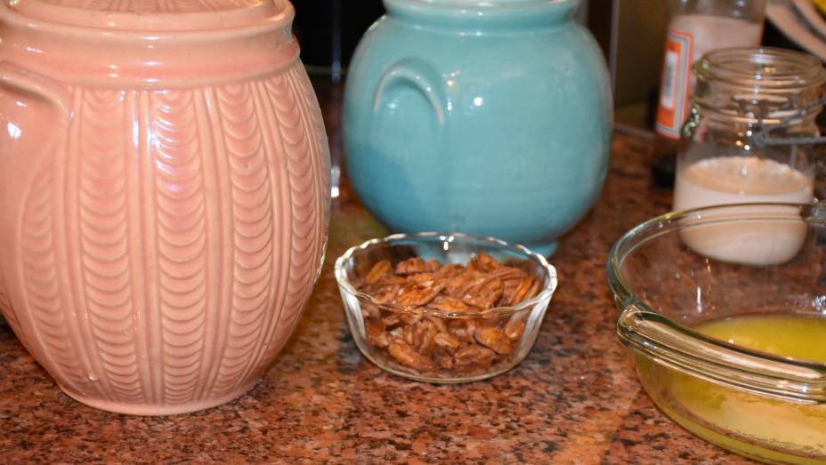 Vintage Shawnee Flour and Sugar Canisters  with pecans, cream and butter